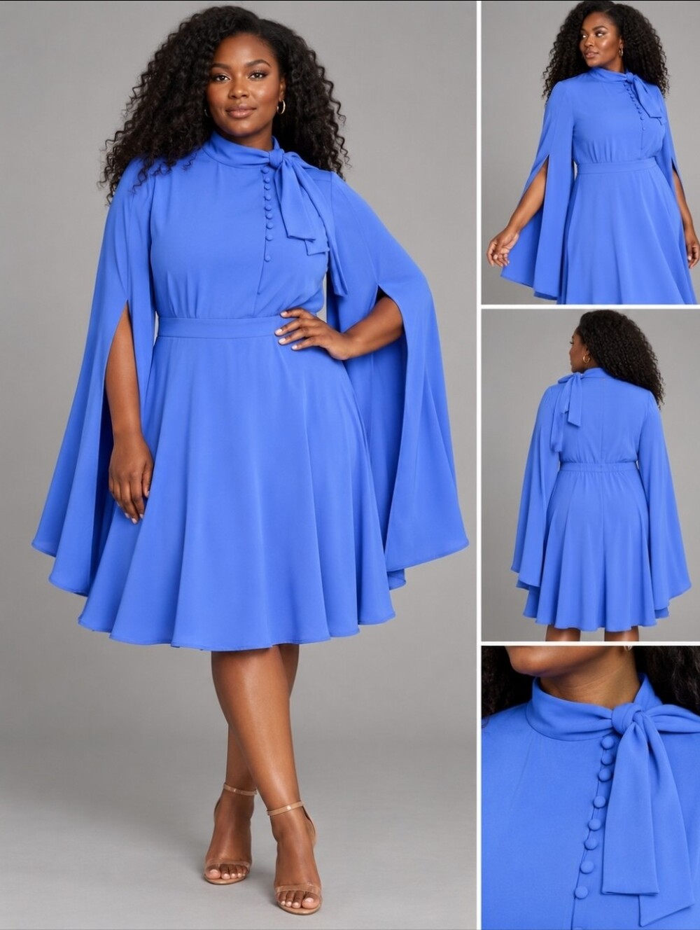 ELOQUII Cape Sleeve Fit Flare Dress Womens 20 Blue Marina Mock Neck Button Front